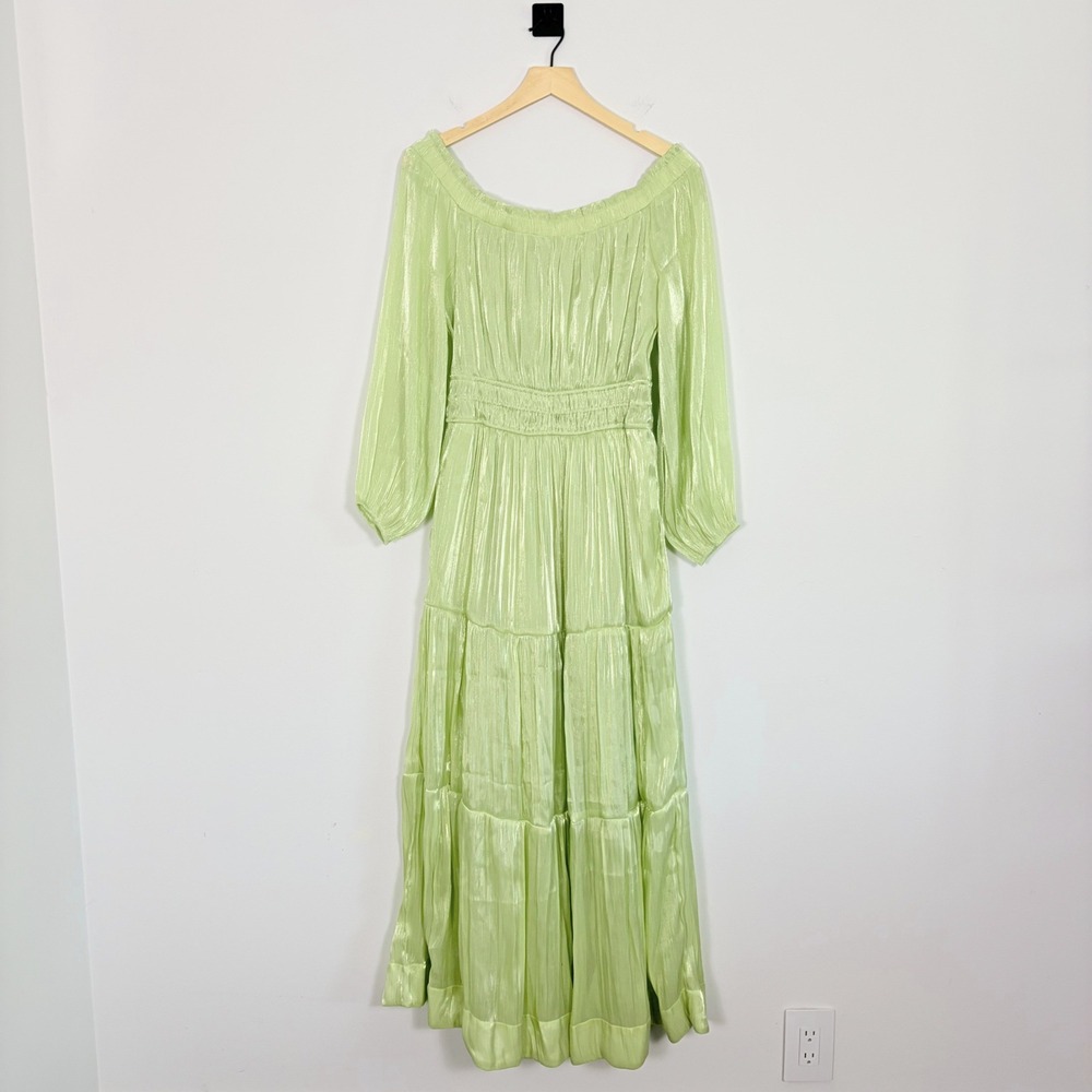 Anthropologie Somerset Off-Shoulder Maxi Dress Green Shimmer Size Small Tiered - Picture 3 of 10